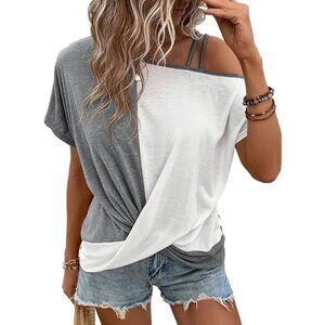 Women Twist Knot Color Block Loose Fit Cold Shoulder Tops T Shirts